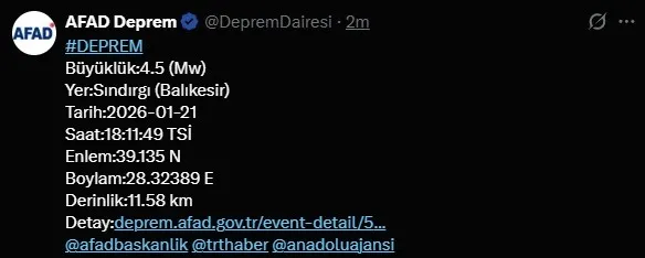 balikesirde-45-buyuklugunde-deprem-cevre-illerden-hissedildi-1769009017887.jpg AFAD Sındırgı'da yaşanan depremi sosyal medya hesabından duyurdu (foto - X platformu - ekran görüntüsü)