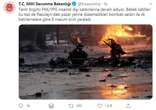 Son dakika: MSB duyurdu: PKK/YPG'nin, Rasulayn'daki bombalı saldırısında 8 sivil yaralandı - 1
