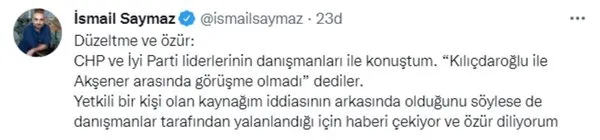 "CHP ve İYİ Parti ittifakı devam edecek" paylaşımı yapan Saymaz, twiti apar topar silip özür diledi - Resim : 2