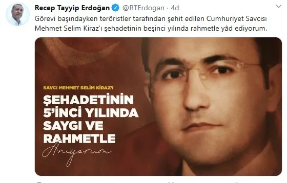 Son dakika: Başkan Erdoğan’dan şehit savcı Mehmet Selim Kiraz için anma mesajı