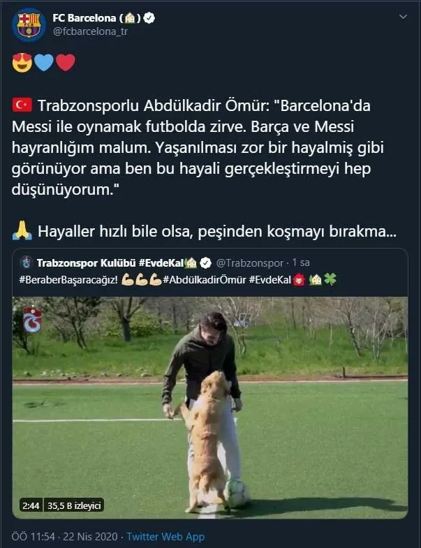 Barcelona’dan Abdülkadir Ömür paylaşımı