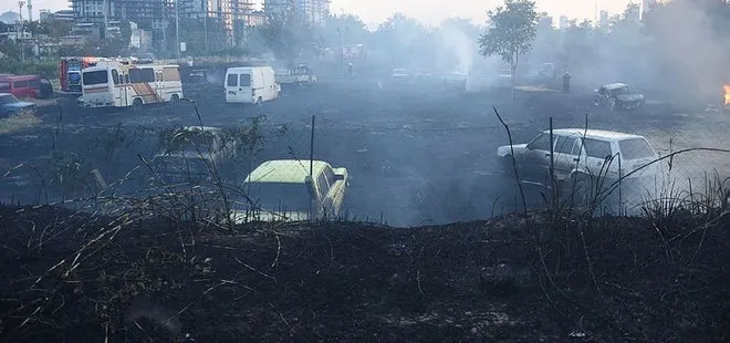 İzmir’de otluk alanda çıkan yangın, yediemin otoparkındaki araçlara sıçradı