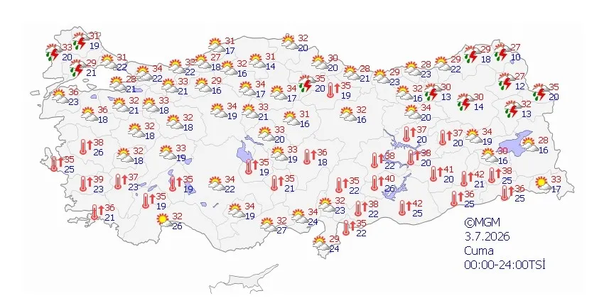 3 Temmuz Cuma hava tahmin haritası