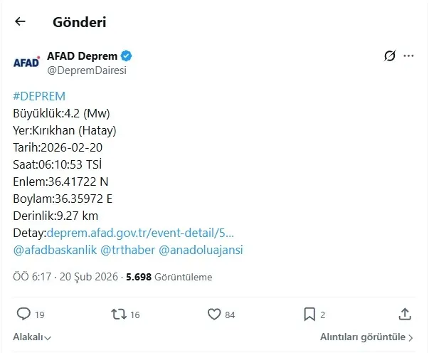 AFAD duyurdu: Hatay Kırıkhan’da 4.2 büyüklüğünde deprem! Sabah saatlerinde paniğe yol açtı - 1