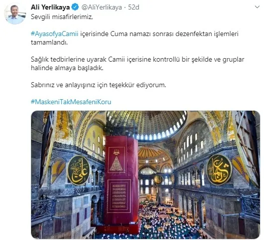 İstanbul Valisi Ali Yerlikaya: Ayasofya Camii cuma namazı sonrası dezenfekte edildi - 1