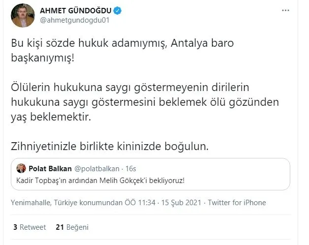 Antalya Barosu Başkanı Polat Balkan Topbaş’ın ardından Gökçek’in ölümünü istedi! Tepki yağıyor: Bu nefretle nasıl insan haklarını savunacaksınız?" - 7