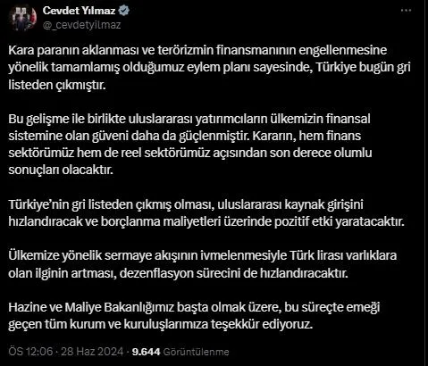 Piyasalar FATF’ın kararına kilitlenmişti! Türkiye gri listeden çıkarıldı! Bakan Mehmet Şimşek’ten flaş açıklama: Başardık