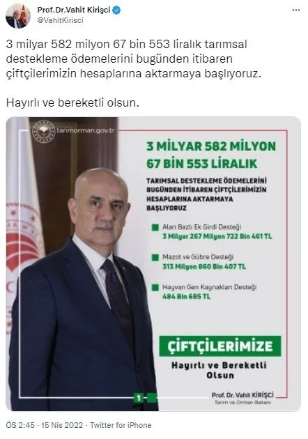 Son dakika: Tarım ve Orman Bakanı Vahit Kirişci duyurdu: 3 milyar 582 milyon TL destek hesaplarda - 1