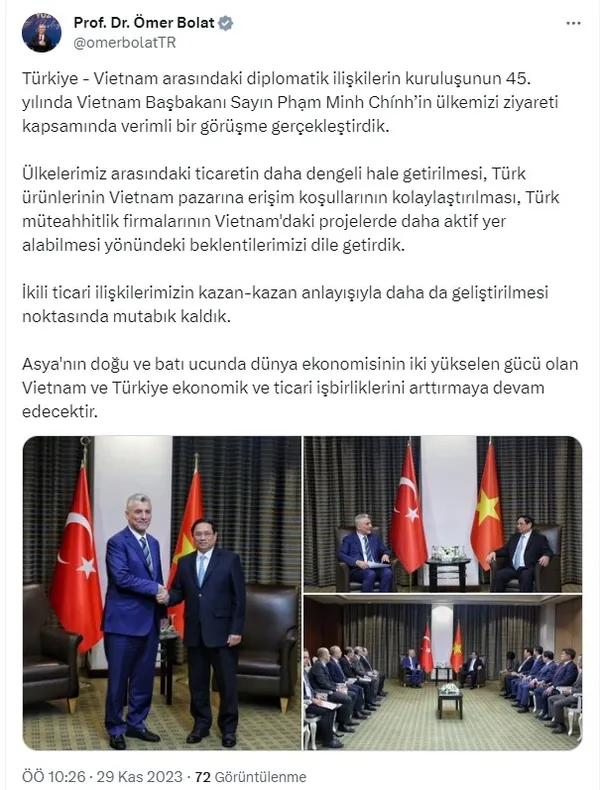 Ticaret Bakanı Ömer Bolat Vietnam Başbakanı Phạm Minh Chính ile görüştü: Ekonomik işbirliği artacak