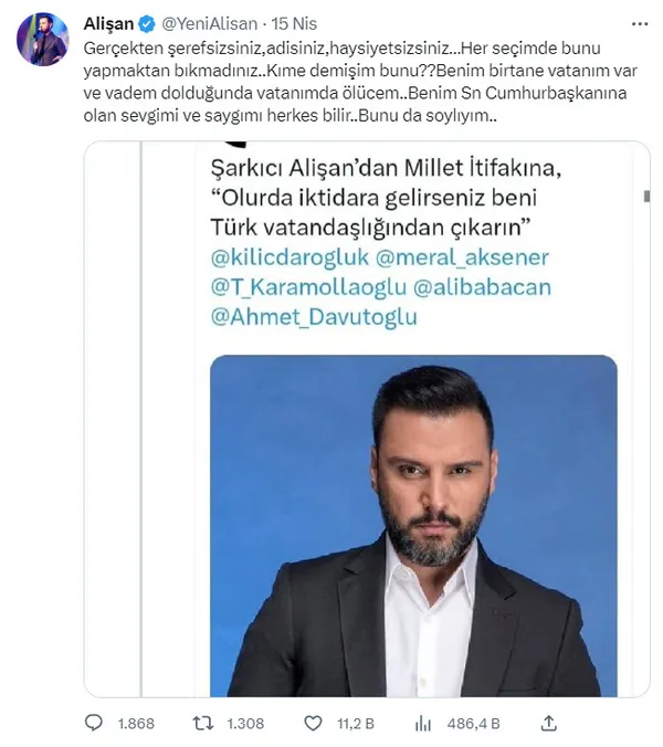 Alişan’dan sosyal medyada yayılan iftiralara sert tepki: Benim vatanım belli senin neresi?