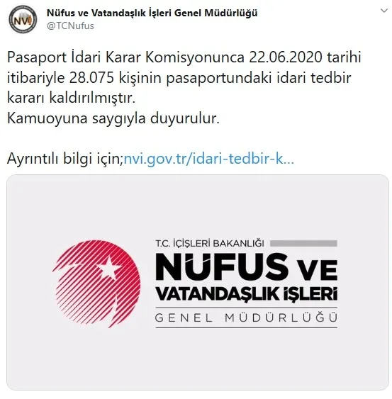 Son dakika: Nüfus ve Vatandaşlık İşleri Genel Müdürlüğü'nden açıklama: 28.075 kişinin pasaportundaki idari tedbir kararı kaldırıldı - 1