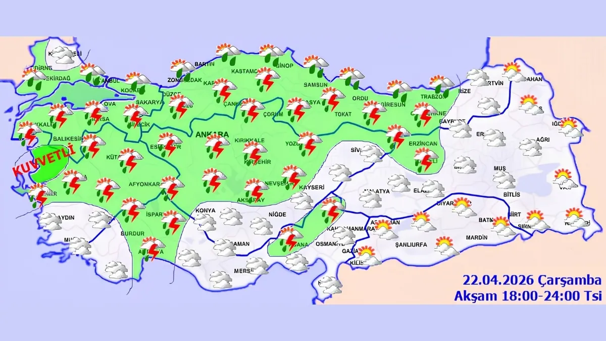 22-nisan-carsamba-hava-durumu-kuvvetli-yagislar-hangi-illeri-etkileyecek-1776836346262.jpg 22 Nisan yurt geneli hava durumu raporu saat 18:00-24:00 (Fotoğraf: MGM)