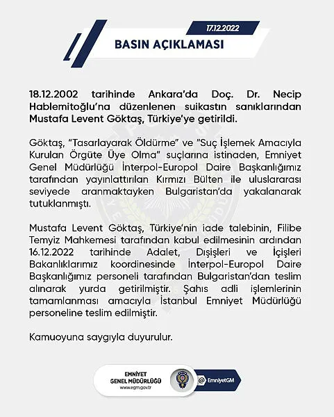 Necip Hablemitoğlu suikastı faili Mustafa Levent Göktaş Türkiye’de