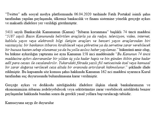 Bankacılık Düzenleme ve Denetleme Kurumu Fatih Portakal hakkında suç duyurusunda bulundu
