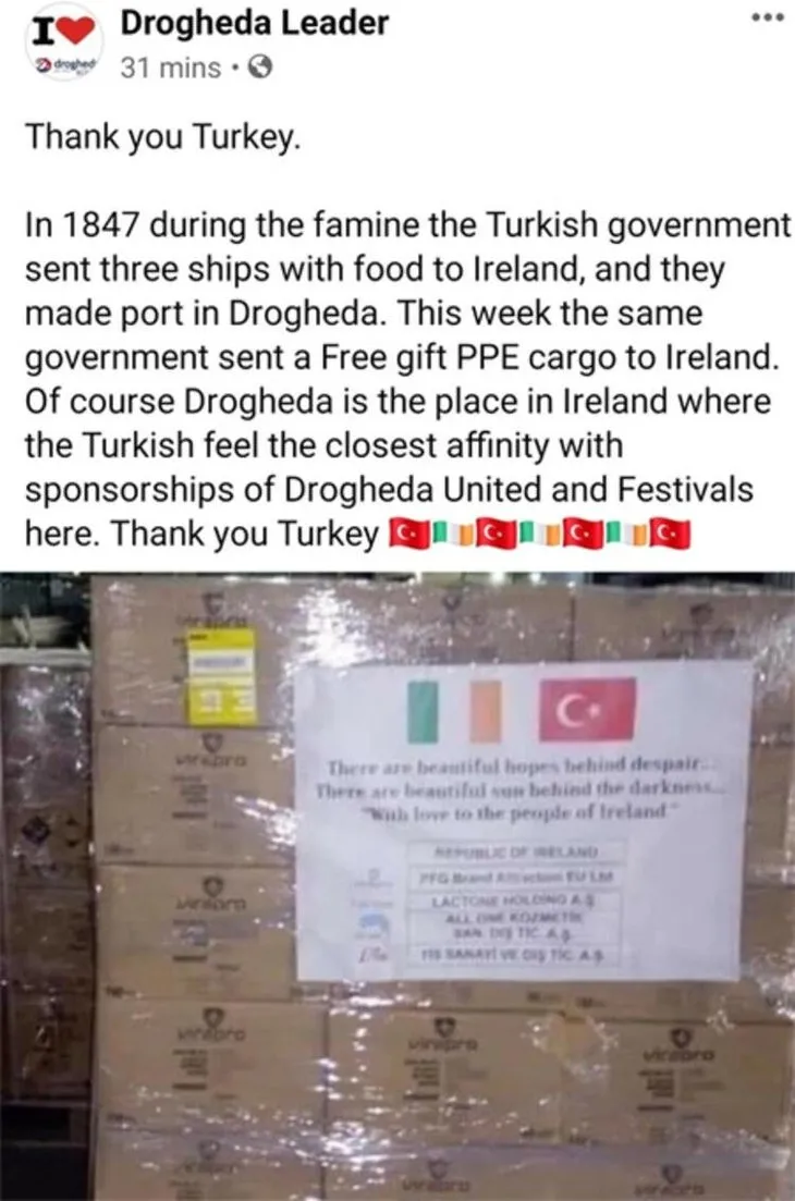 İrlanda'dan Türkiye'ye anlamlı teşekkür! Osmanlı'yı unutmadılar