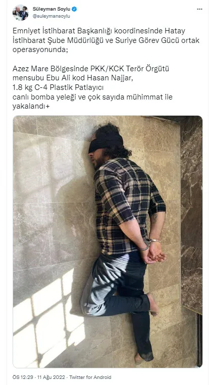 Son dakika: PKK’lı terörist Ebu Ali kod Hasan Najjar canlı bomba yeleğiyle Azez’de yakalandı