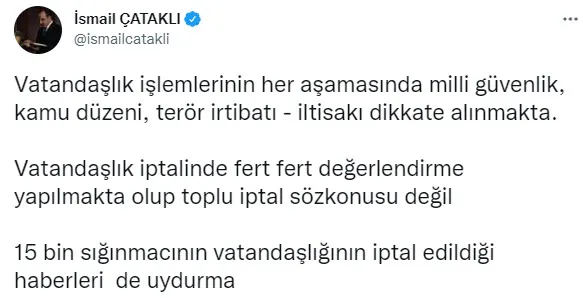 Son dakika: İçişleri Bakanlığı’ndan 15 bin sığınmacının vatandaşlıkları iptal edildi haberine yalanlama