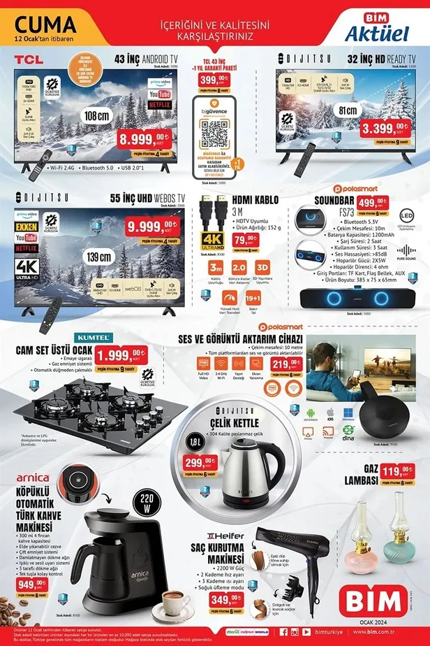 19 Ocak BİM aktüel ürünler kataloğu geldi! BİM’de 55 UHD Android TV, Toz Torbasız Elektrikli Süpürge ve Mikrodalga Fırın fiyatlarıyla öne çıkıyor.