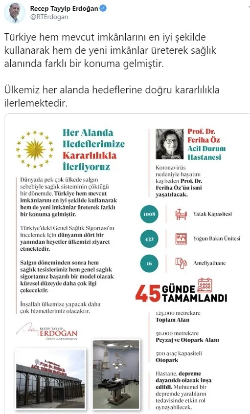 Başkan Erdoğan’dan Sancaktepe Prof. Dr. Feriha Öz Acil Durum Hastanesi mesajı