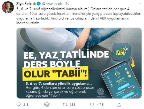 Bakan Selçuk’tan ’Tabii’ uygulaması paylaşımı