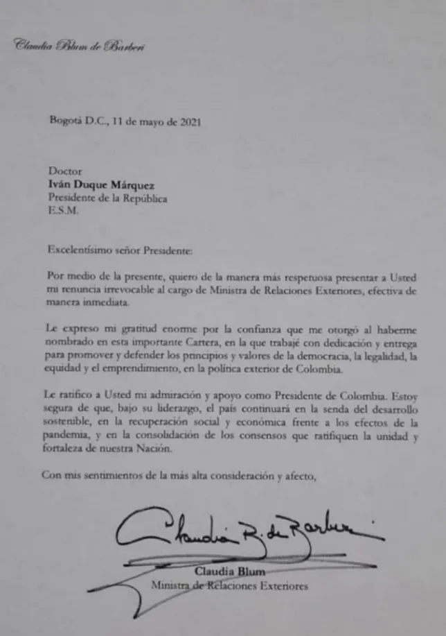 Kolombiya Dışişleri Bakanı Claudia Blum istifa etti