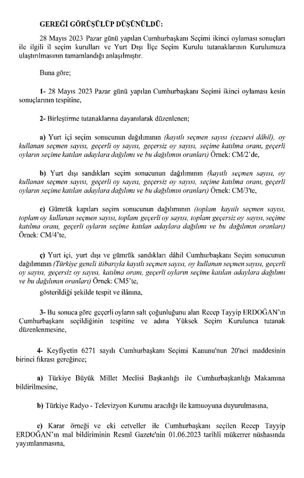 Cumhurbaşkanlığı seçiminin kesin sonuçları Resmi Gazete’de yayımlandı! Başkan Erdoğan’ın mazbatası TBMM’de