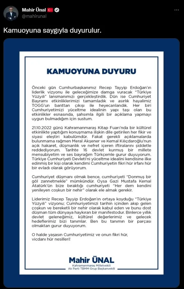 Mahir Ünal’dan ’Cumhuriyet’ eleştirilerine yanıt: İftiraları şiddetle reddediyorum