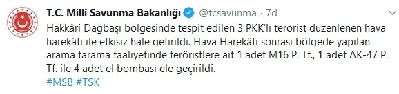Milli Savunma Bakanlığı: Hakkari'de 3 PKK'lı öldürüldü ve mühimmatlar ele geçirildi - 1