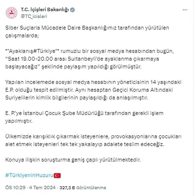 Sultanbeyli’de ayaklanma paylaşımına soruşturma! Bakanlık harekete geçti: Kullanıcı 14 yaşında çocuk çıktı