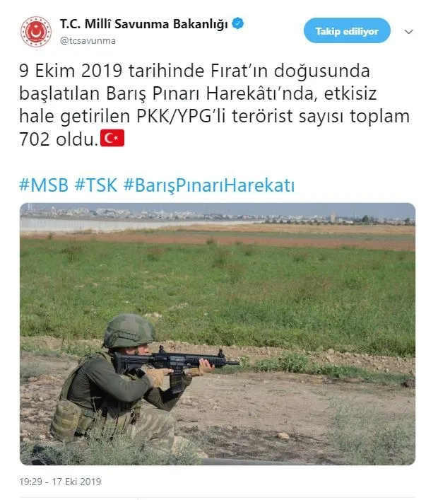 MSB: Barış Pınarı Harekatı’nda 702 terörist etkisiz hale getirildi