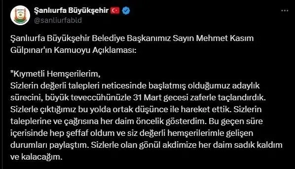 Yeniden Refah Partisi’nde istifa depremi! Şanlıurfa Belediye Başkanı Kasım Gülpınar partisinden ayrıldı