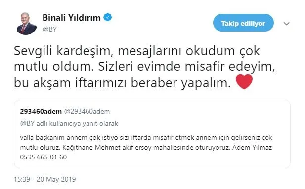 Binali Yıldırım’dan kendisini iftara davet eden vatandaşa anlamlı yanıt