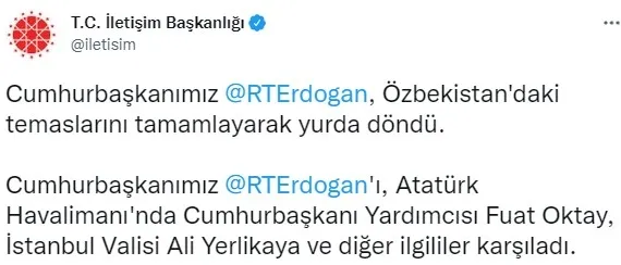 Başkan Erdoğan, Özbekistan’dan Türkiye’ye döndü