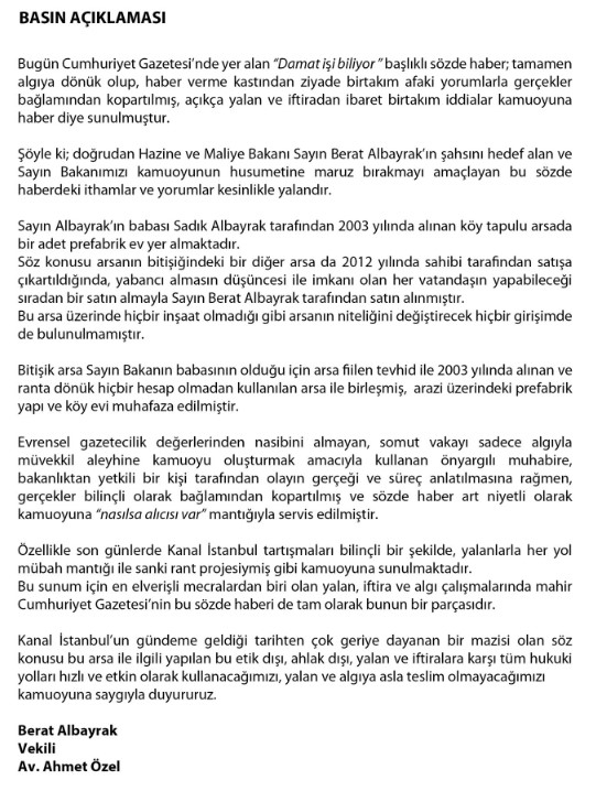 Bakan Berat Albayrak’tan Cumhuriyet Gazetesi’ne yalanlama!