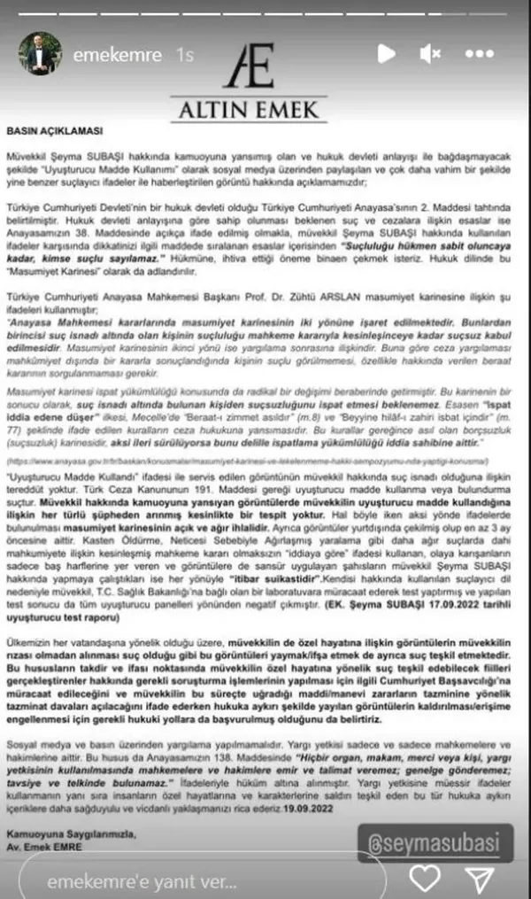 Şeyma Subaşı’nın avukatından flaş açıklama! Uyuşturucu testinin sonucunu paylaştı