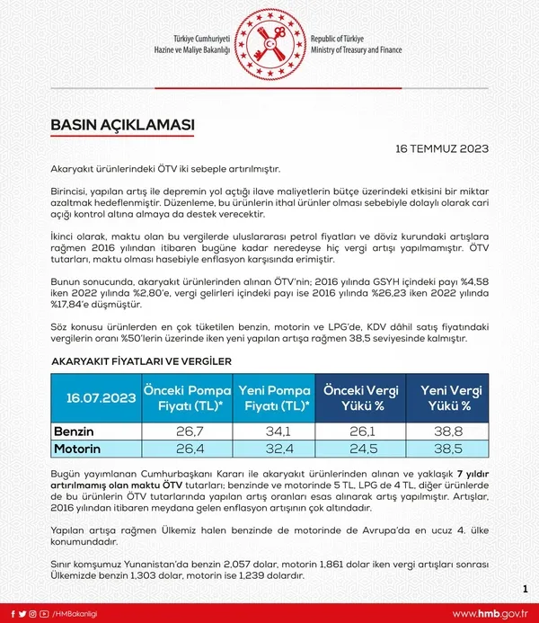 Hazine ve Maliye Bakanlığından akaryakıtta ÖTV artışı açıklaması