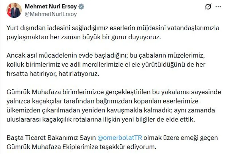 Bakan Ersoy'dan İtalya'ya kaçırılmak istenen 7 bin 550 sikke ve figürün ele geçirilmesine ilişkin açıklama - 1