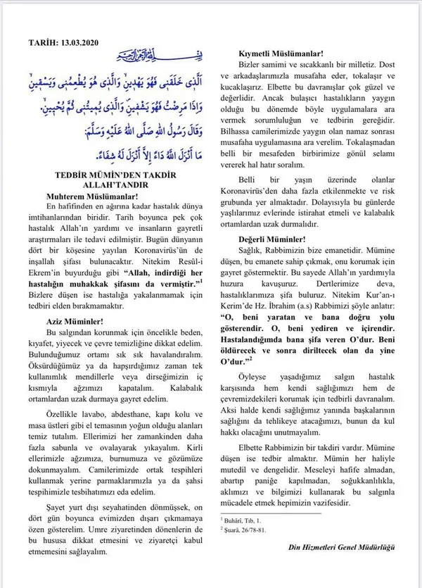 Diyanet İşleri Başkanlığından "Koronavirüs" için Cuma hutbesi: "Tedbir Mümin'den takdir Allah'tandır" - 1
