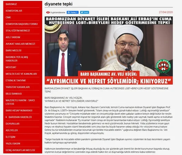 Adana Barosu Diyanet İşleri Başkanı Prof. Dr. Ali Erbaş'ı hedef alan tweeti sildi! Hakaret açıklamaları internet sitesinde - 1
