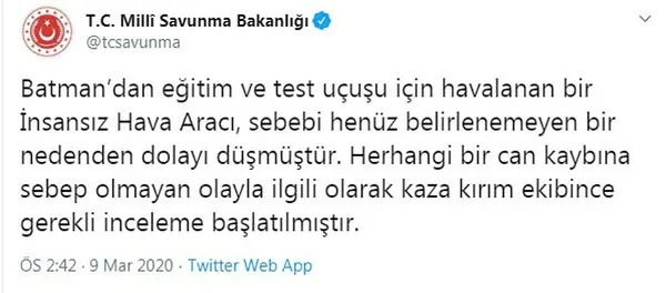 Son dakika | Batman'da TSK'ya ait İHA düştü! Bakanlıktan açıklama geldi - 2