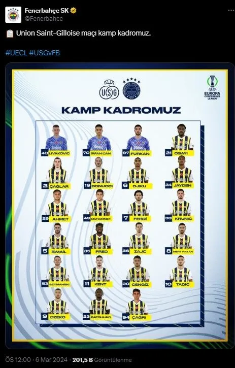 Fenerbahçe’nin Union Saint Gilloise maçı öncesi kamp kadrosu netleşti! O isimler Belçika’da yok