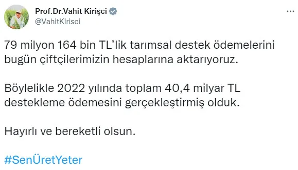 Tarım ve Orman Bakanı Vahit Kirişci’den tarımsal destek ödemeleri hakkında açıklama! Hesaplara ne zaman yatacak?