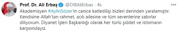 Diyanet İşleri Başkanı Ali Erbaş’tan akademisyen Aylin Sözer’in öldürülmesine ilişkin açıklama