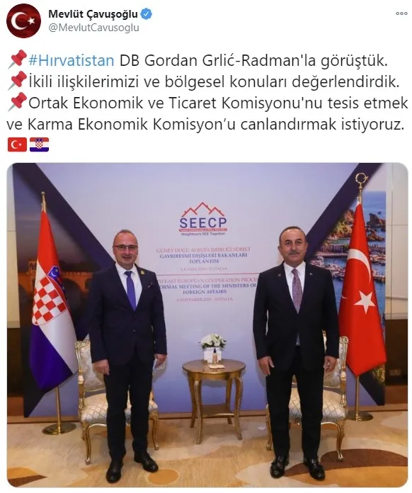 Dışişleri Bakanı Mevlüt Çavuşoğlu, Hırvatistanlı mevkidaşı Radman ile bir araya geldi