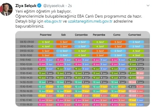 Son dakika haberi | Milli Eğitim Bakanı Ziya Selçuk, EBA canlı ders programını paylaştı! Bu mesajı verdi