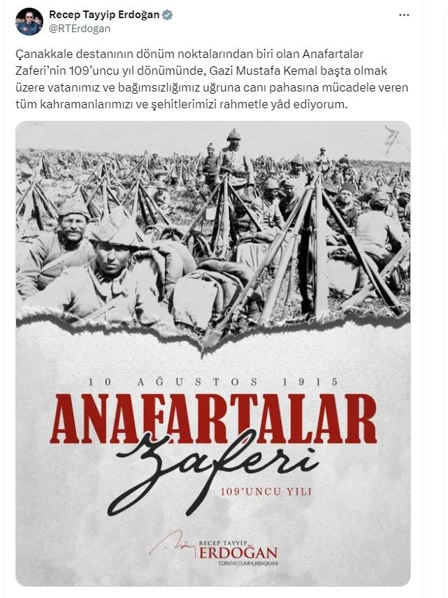 Başkan Erdoğan’dan Anafartalar Zaferi’nin 109. yıl dönümü mesajı