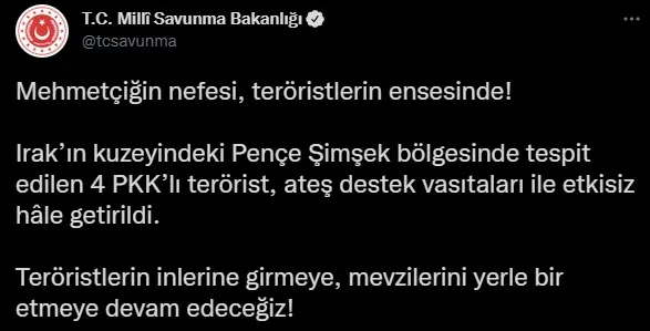 Son dakika: Irak’ın kuzeyinde 4 terörist etkisiz hale getirildi