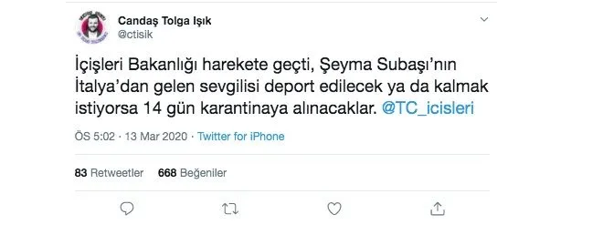 Şeyma Subaşı’nın sevgilisi Guido Senia’da corona virüsü şüphesi! 14 gün kuralına uymadı