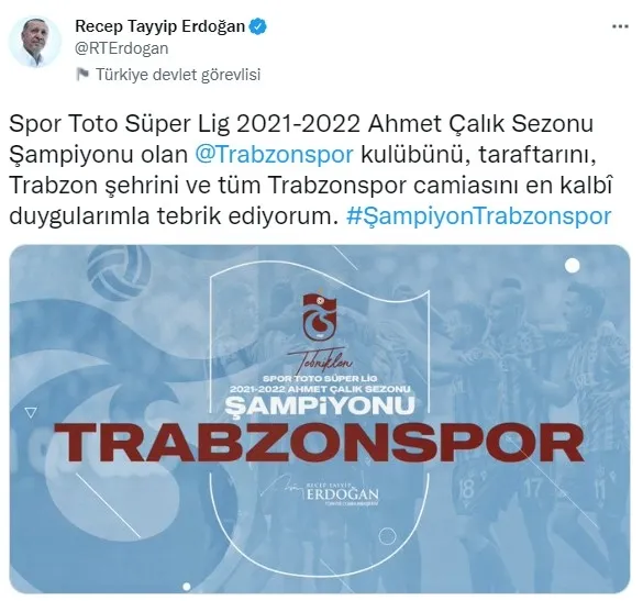 Başkan Erdoğan'dan şampiyon Trabzonspor'a tebrik - 1