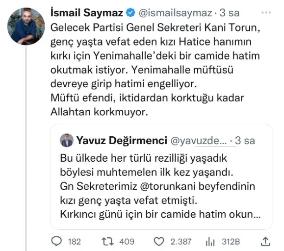 diyanetten-chp-yandasi-ismail-saymazin-camide-hatime-izin-verilmedi-algisina-yalanlama-1675185420879.jpg Diyanet'ten CHP yandaşı İsmail Saymaz'ın 'camide hatime izin verilmedi' iddiasına yalanlama: "Acı bir olay üzerinden oluşturulan algı" - 1